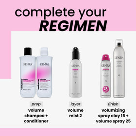 Kenra Volume Mist 2 size scale next to hand illustrating the 6 fl oz convenient travel-friendly bottle