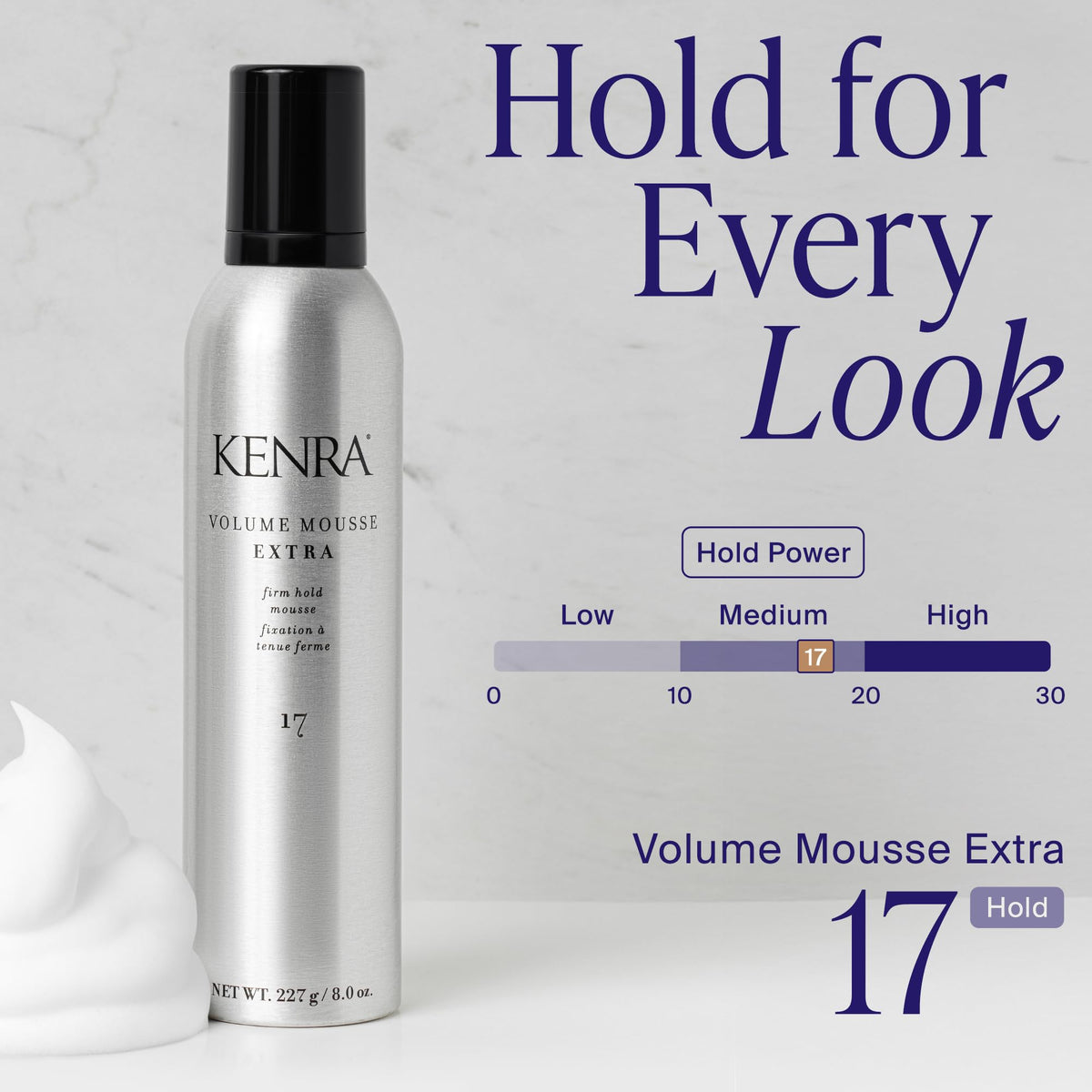 Kenra mousse dispensed in hand demonstrating easy spread and control