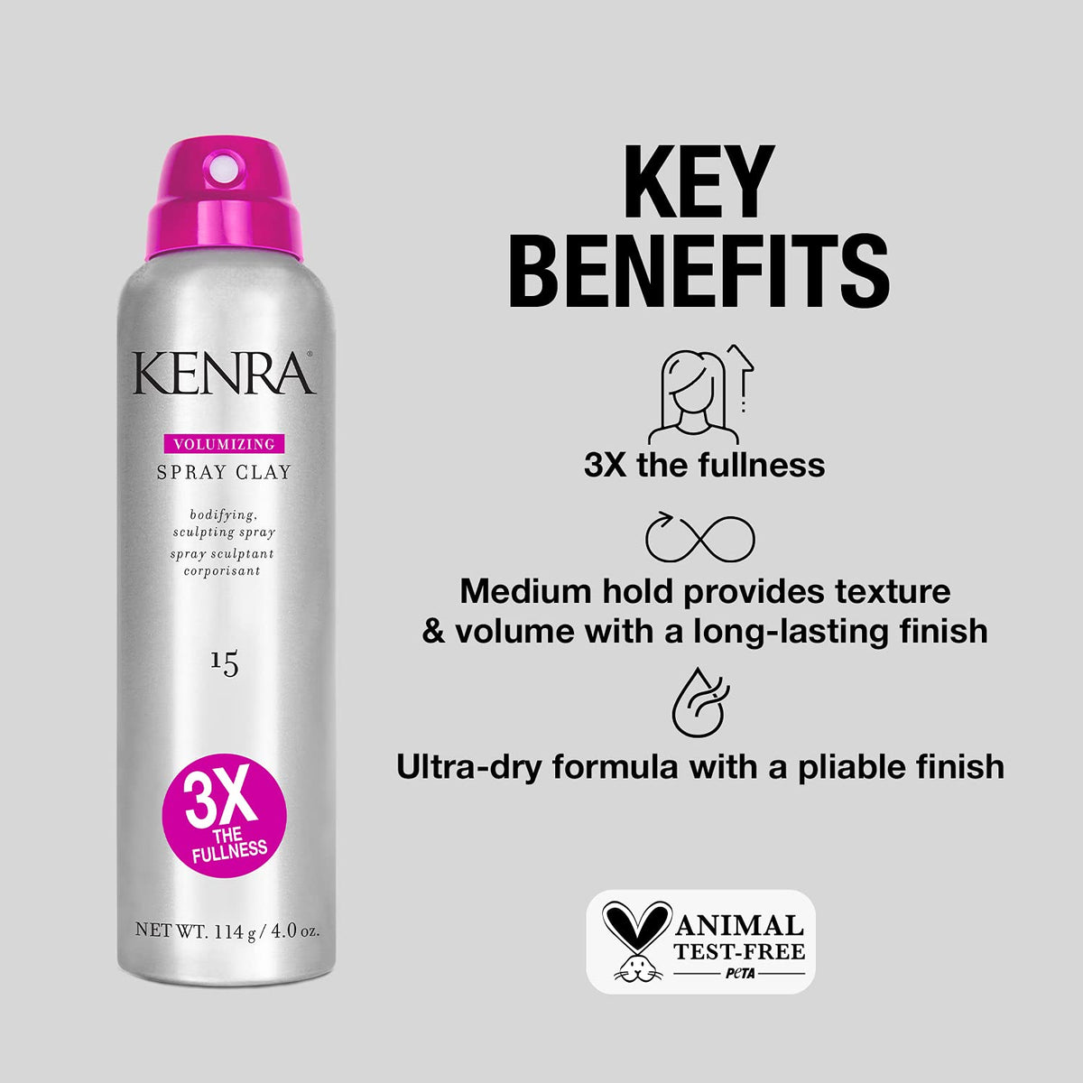 Kenra held in hand to show 4 oz size for travel and styling