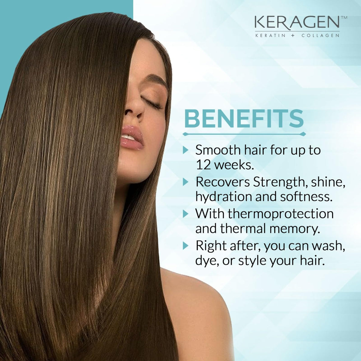 KERAGEN finished shiny hair in lifestyle scene showcasing smooth, manageable results