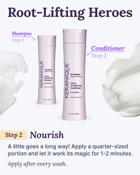 Keranique bottle staged with styling tools for everyday routine benefit