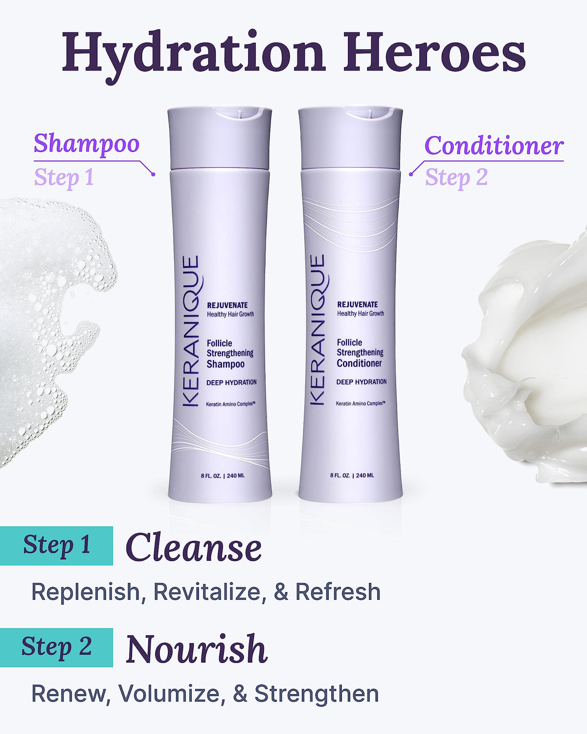 Keranique conditioner being smoothed along a hair strand to show detangling benefit