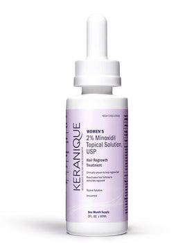 Keranique bottle front label showing product name and purpose for clearer identification