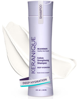 Keranique front bottle showing Deep Hydration shampoo packaging and easy use