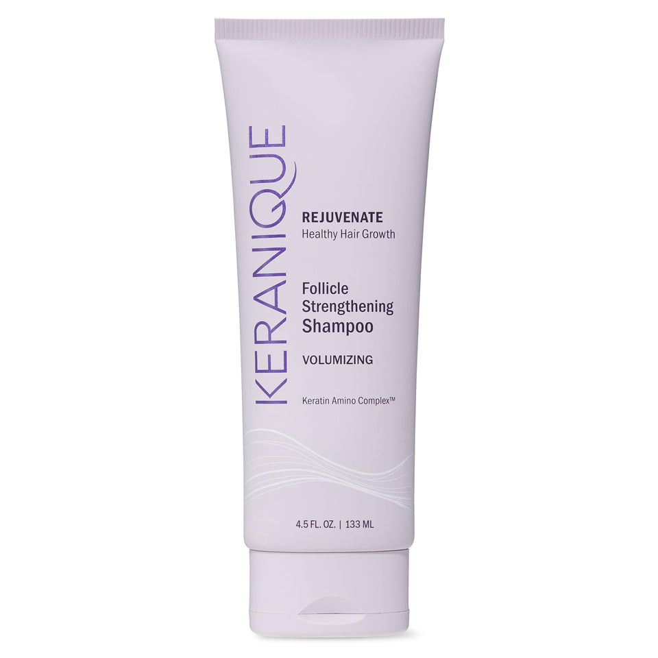 Keranique front bottle showing volumizing shampoo for fuller hair