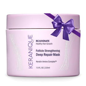 Keranique front jar of hair mask showing packaging and benefits