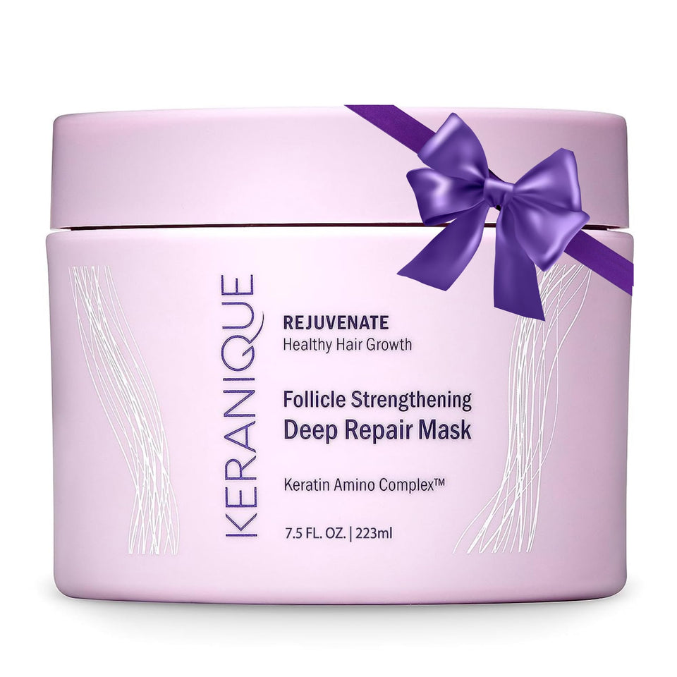 Keranique front jar of hair mask showing packaging and benefits