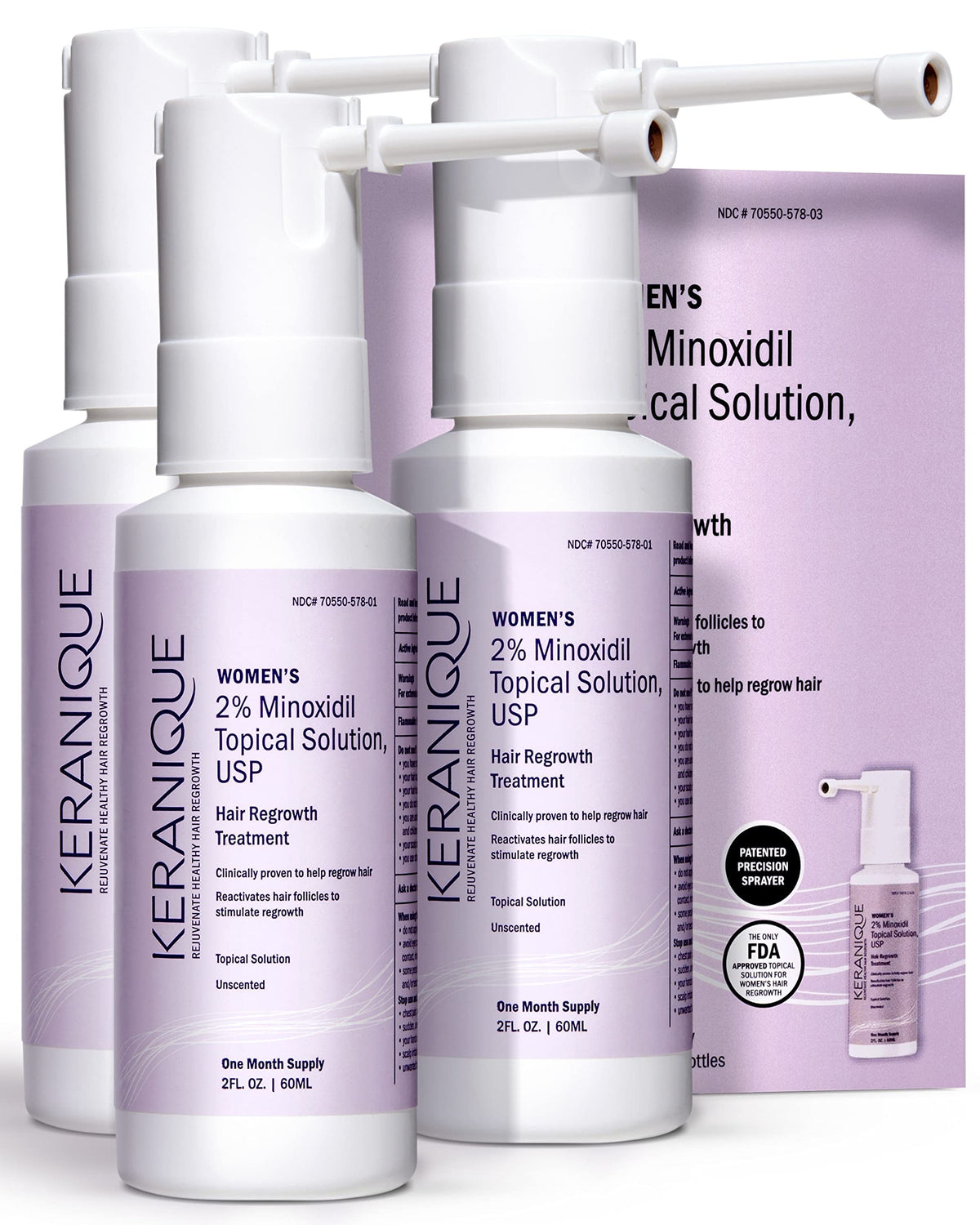 Keranique front packaging 3-pack showing product and convenience