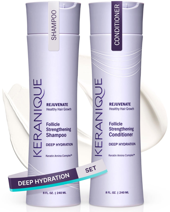 Keranique front packaging showing the deep hydration shampoo and conditioner set benefits