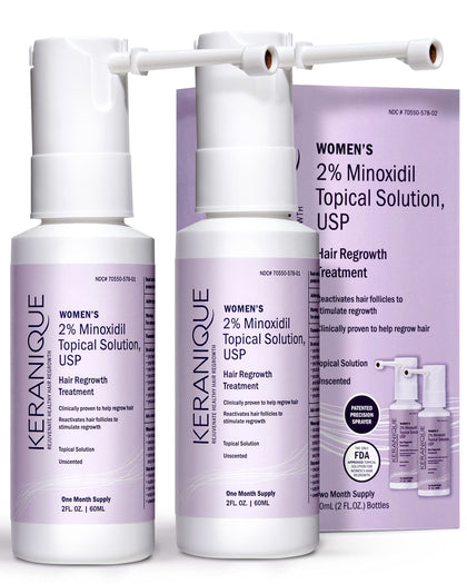 Keranique front packaging showing 2% minoxidil spray and benefits