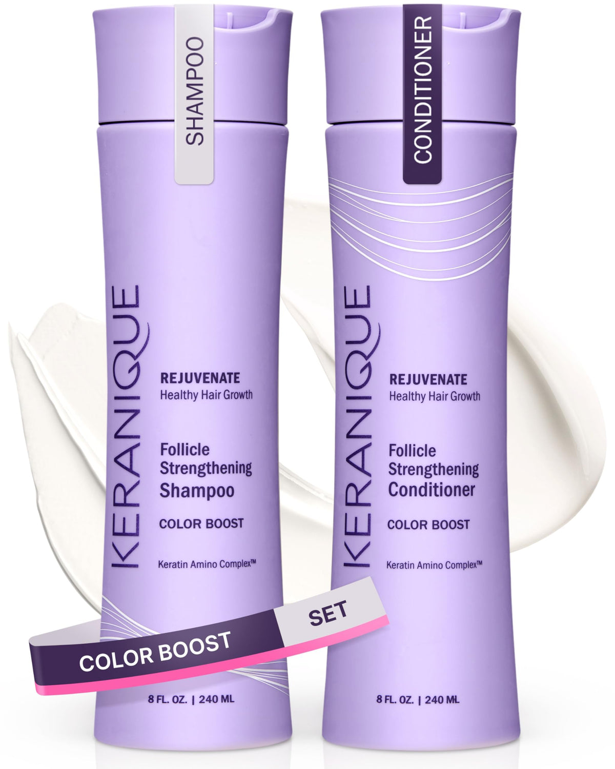 Keranique front packaging showing shampoo and conditioner for protected color