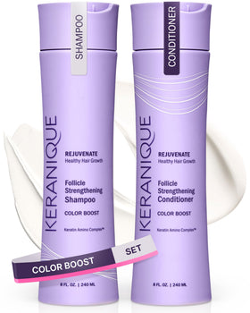 Keranique front packaging showing shampoo and conditioner for protected color