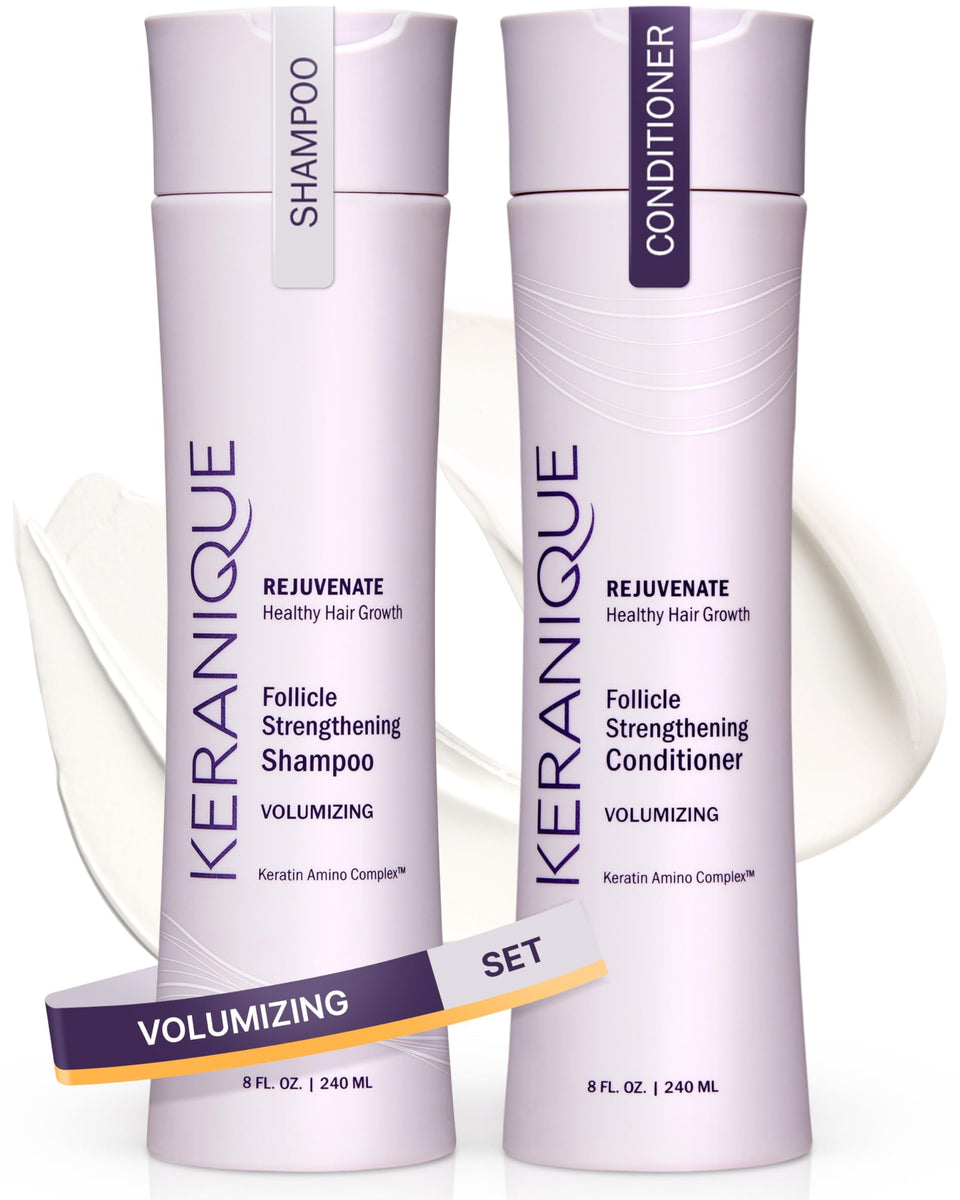 Keranique front packaging showing volumizing set for fuller hair