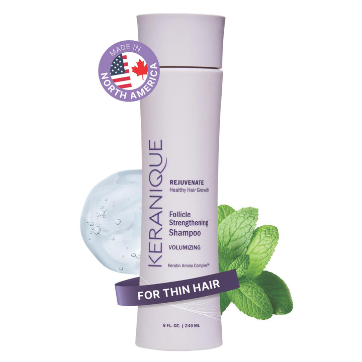 Keranique shampoo bottle front view showing brand and volumizing benefit