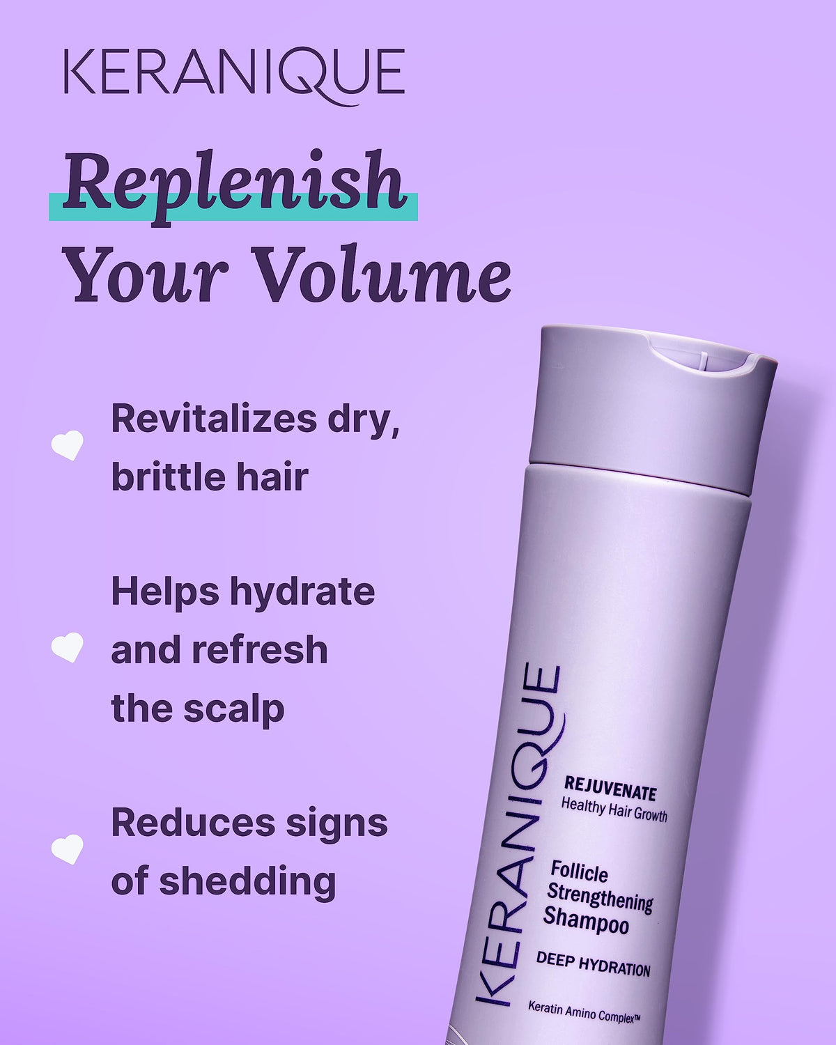 Keranique ingredients panel showing biotin and niacinamide for scalp support