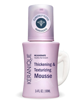 Keranique front packaging showing 3.4 fl oz mousse and label benefits
