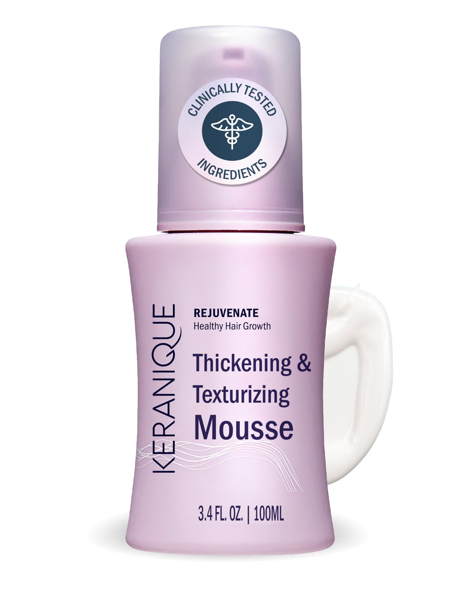 Keranique front packaging showing 3.4 fl oz mousse and label benefits