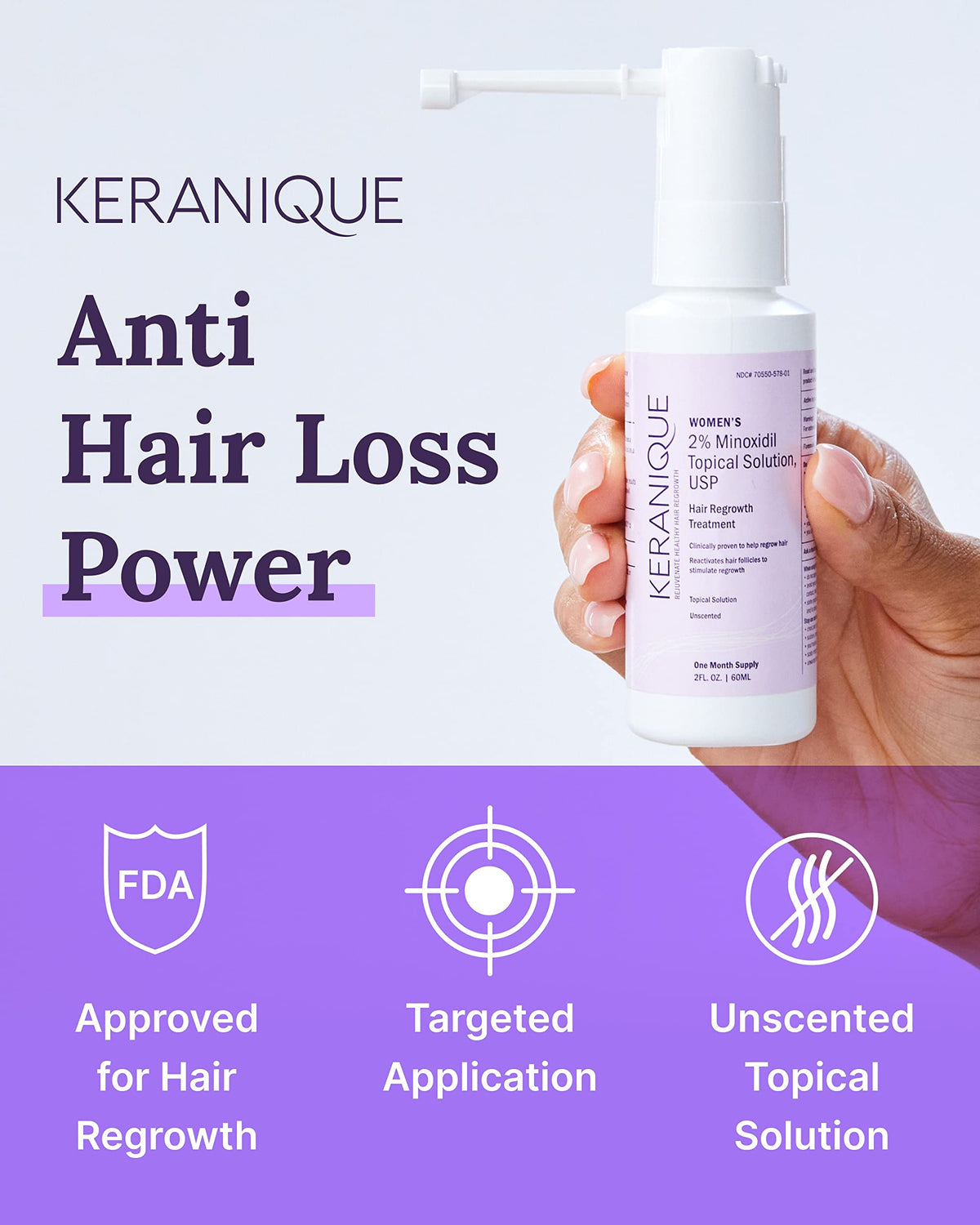 Keranique precision sprayer close-up for targeted, less-waste application
