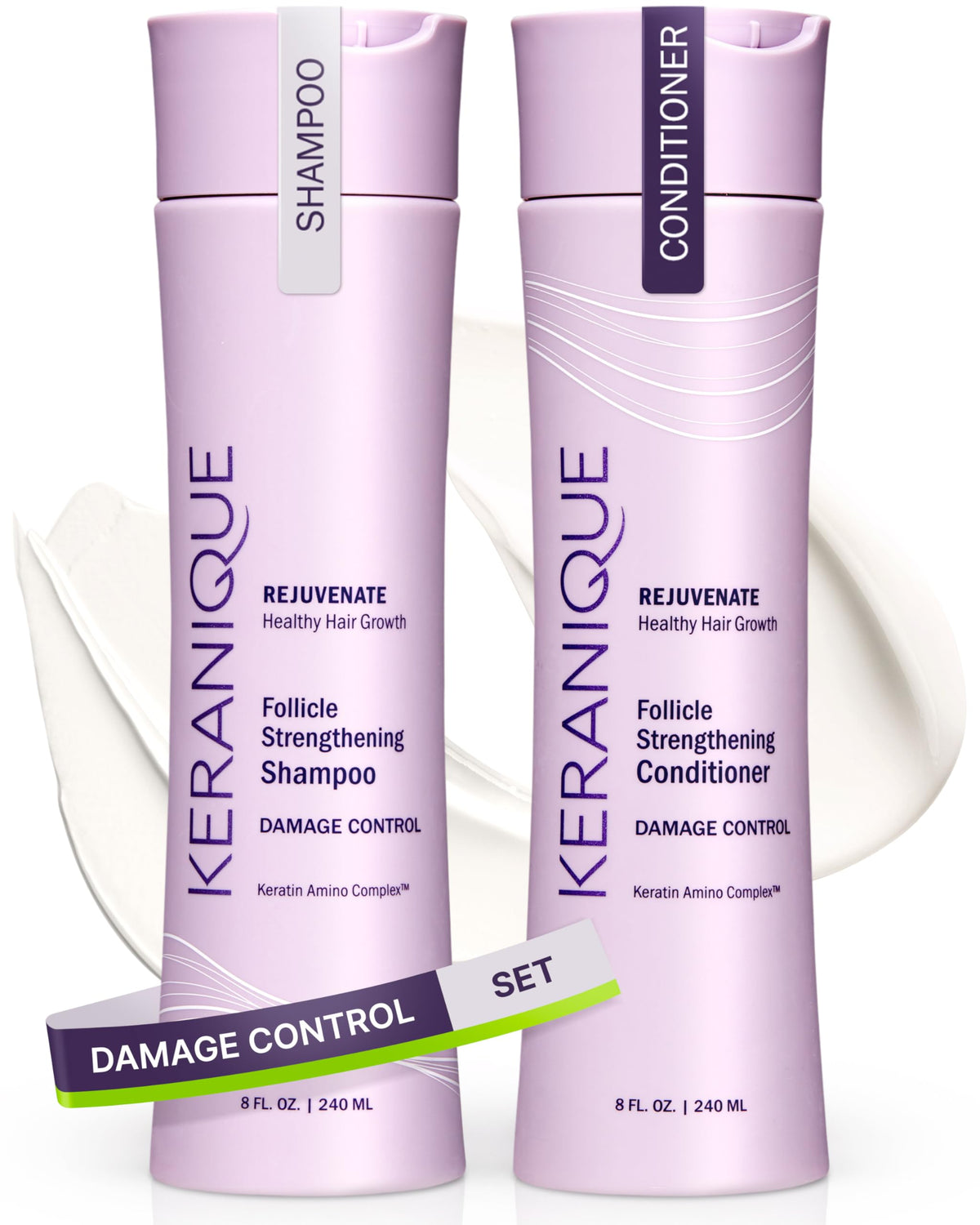Keranique front packaging showing shampoo and conditioner for visible strength