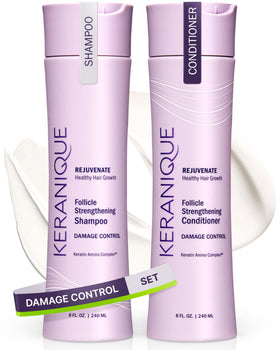 Keranique front packaging showing shampoo and conditioner for visible strength