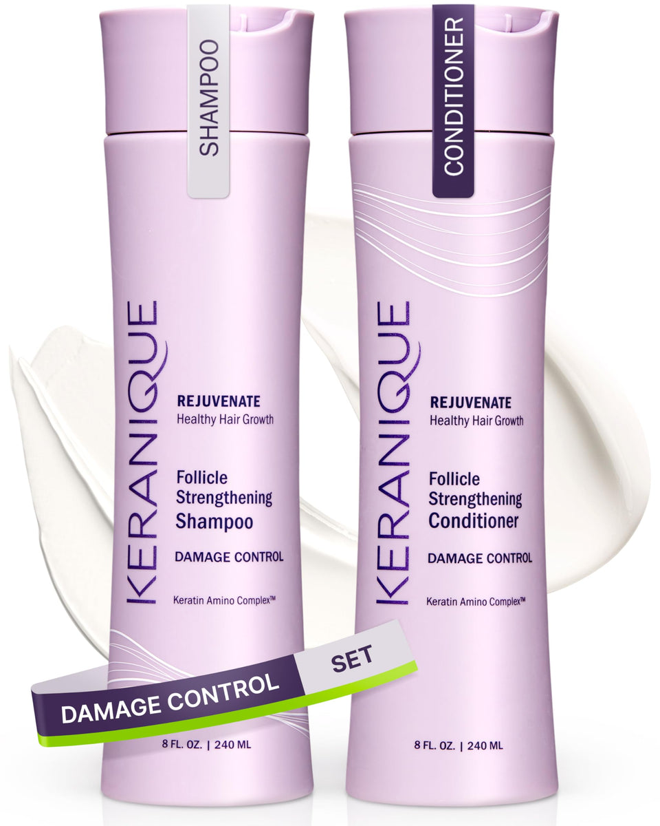 Keranique front packaging showing shampoo and conditioner for visible strength