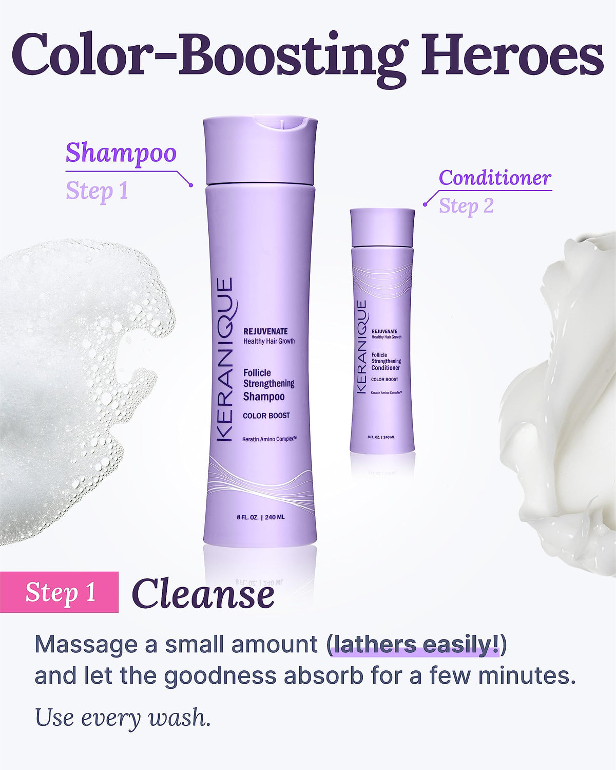 Keranique creamy foam texture close-up showing moisturizing lather benefit