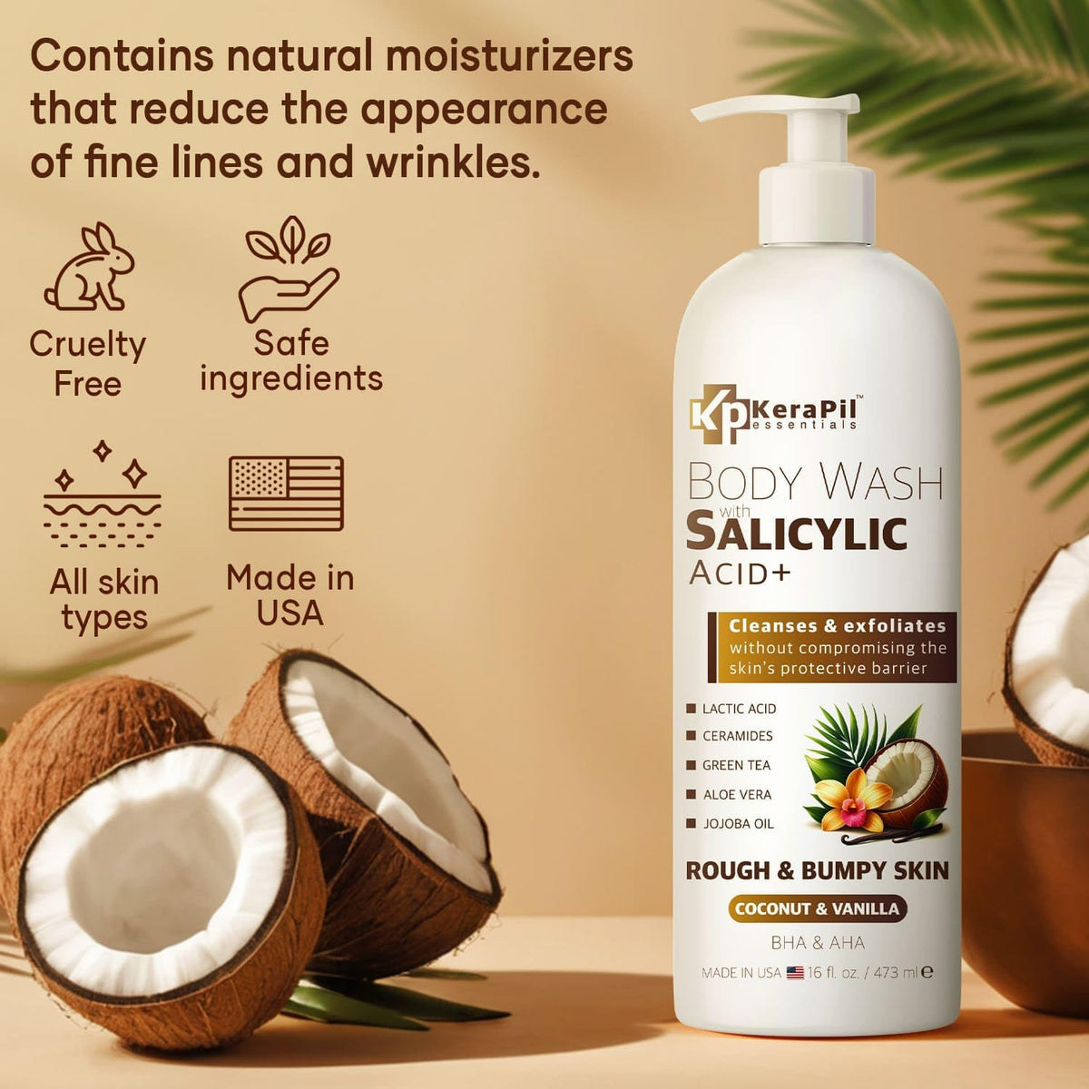 KERAPIL bottle close-up label highlighting active acids and benefits