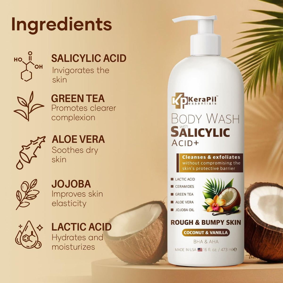 KERAPIL key ingredients salicylic lactic ceramides depicted for skin support