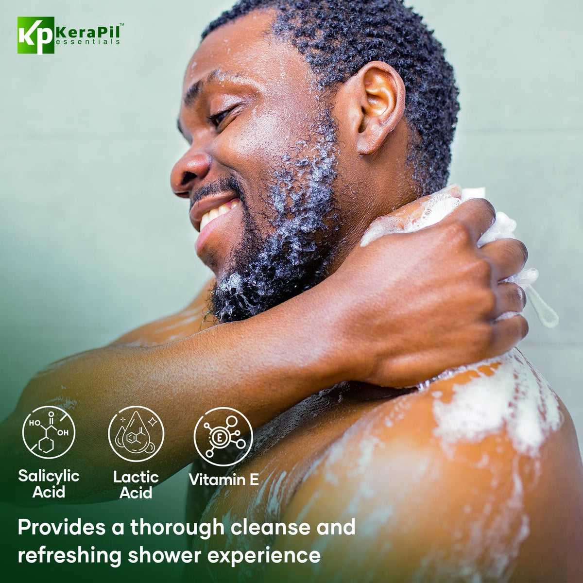 KERAPIL in-hand during shower showing effective cleansing and smoothing