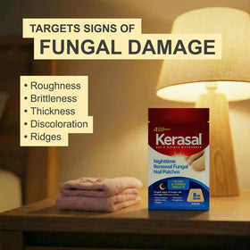 Kerasal patch applied to toenail illustrating easy overnight use