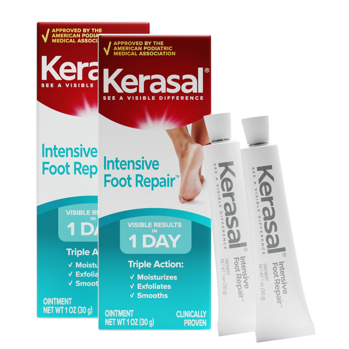 Kerasal front packaging showing two 1 oz tubes and clear product identity, easy storage benefit