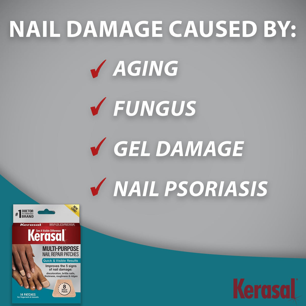 Kerasal patches displayed in hand for scale showing easy portability benefit