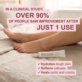 Kerasal gel socks on feet illustrating comfortable overnight hydration