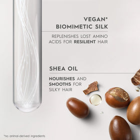 Kerasilk bottle with illustrative ingredients display highlighting biomimetic silk benefit