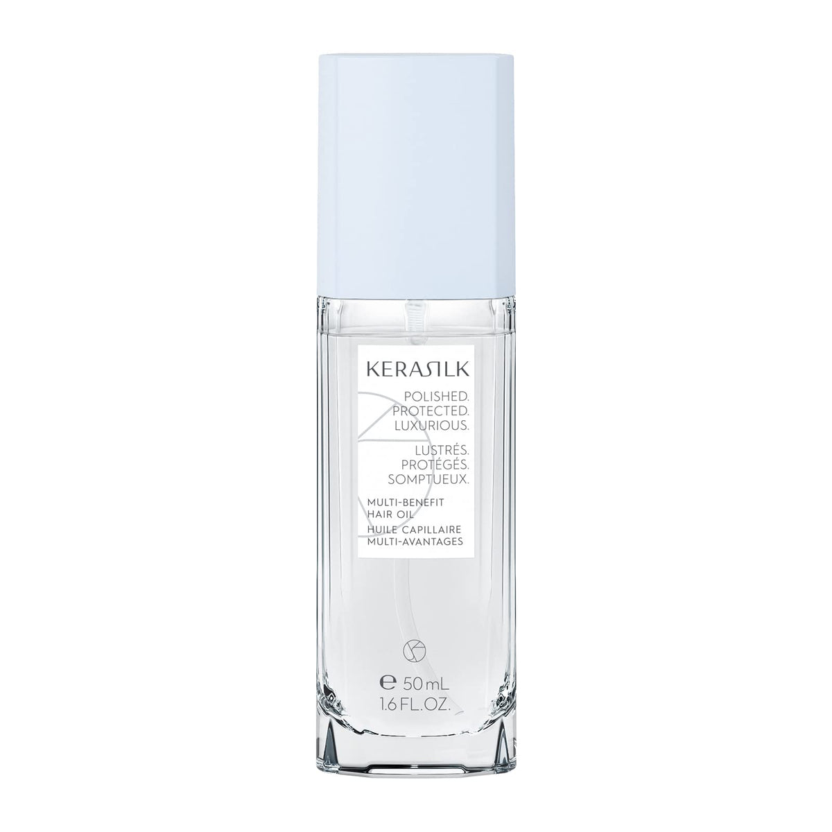 Kerasilk front packaging showing 50ml bottle and sleek design for travel-friendly shine