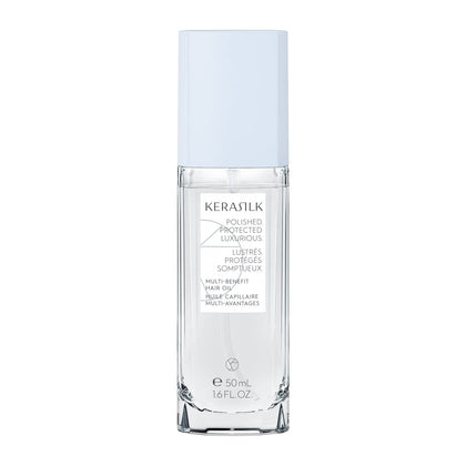Kerasilk front packaging showing 50ml bottle and sleek design for travel-friendly shine