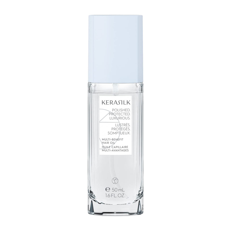 Kerasilk front packaging showing 50ml bottle and sleek design for travel-friendly shine