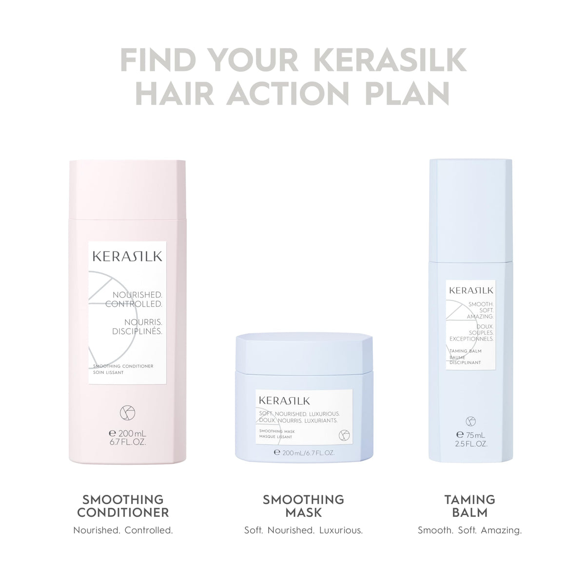 Kerasilk bottle next to common haircare bottles showing 200ml size and travel-friendly benefit