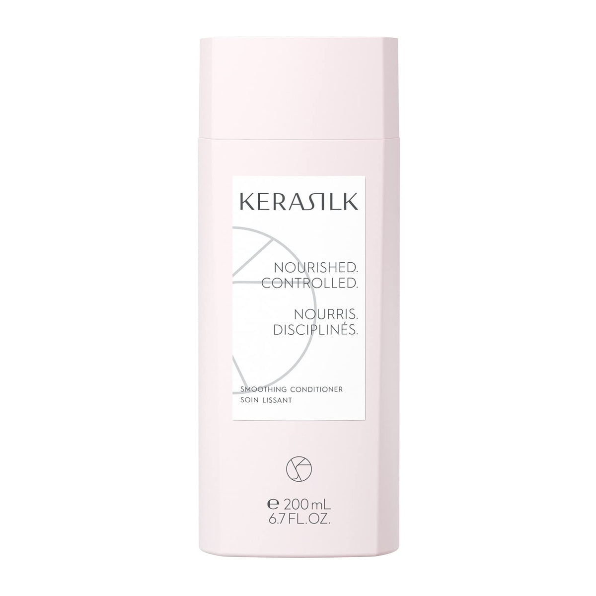 Kerasilk smoothing conditioner front view shows 200ml bottle and sleek packaging benefit shine