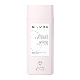 Kerasilk smoothing conditioner front view shows 200ml bottle and sleek packaging benefit shine