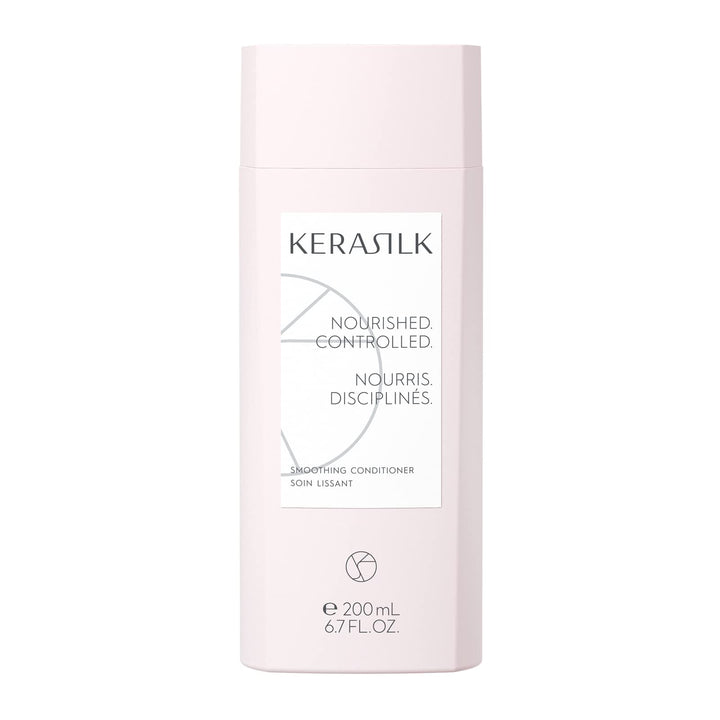 Kerasilk smoothing conditioner front view shows 200ml bottle and sleek packaging benefit shine