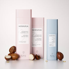 Kerasilk taming balm before and after strands showing reduced frizz and softer surface