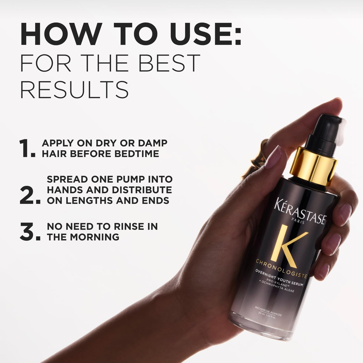 KÉRASTASE applying serum to lengths before bed, simplifies evening routine