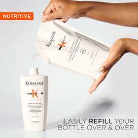 KÉRASTASE refillable bottle with pump illustrating recyclable packaging benefit