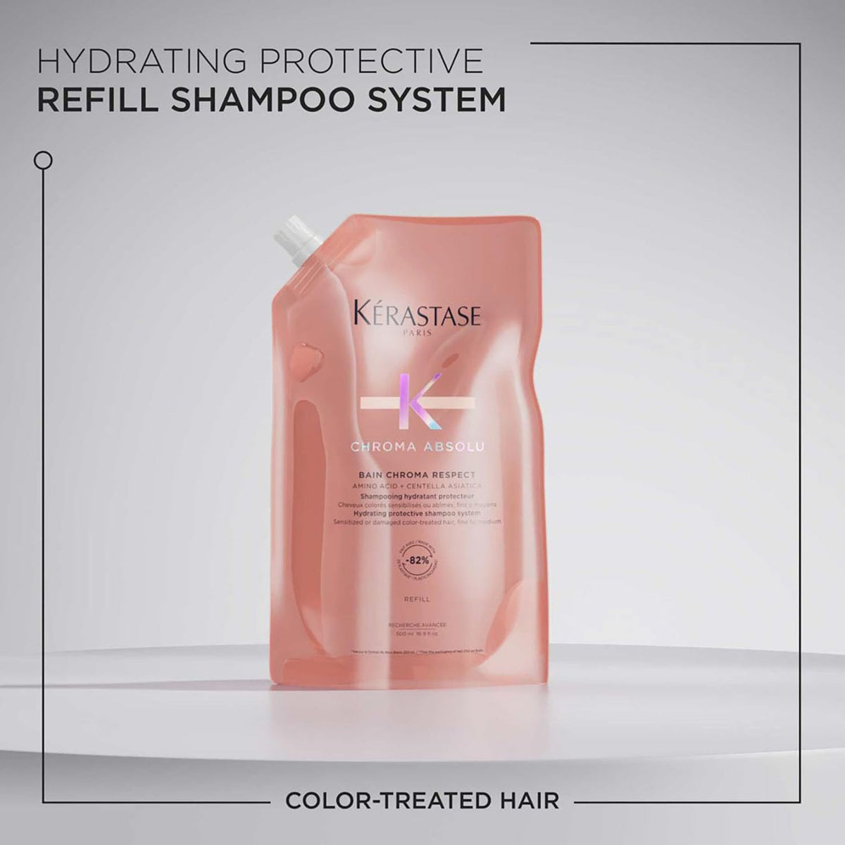 KÉRASTASE pouch back label showing ingredients list and refill instructions benefit