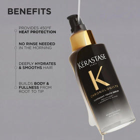 KÉRASTASE applying serum to hair before bed demonstrating overnight smoothing benefit