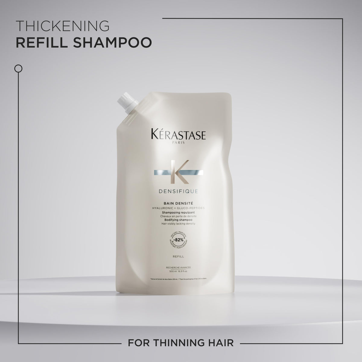 KÉRASTASE pouch held in hand to show 500ml scale and convenience benefit