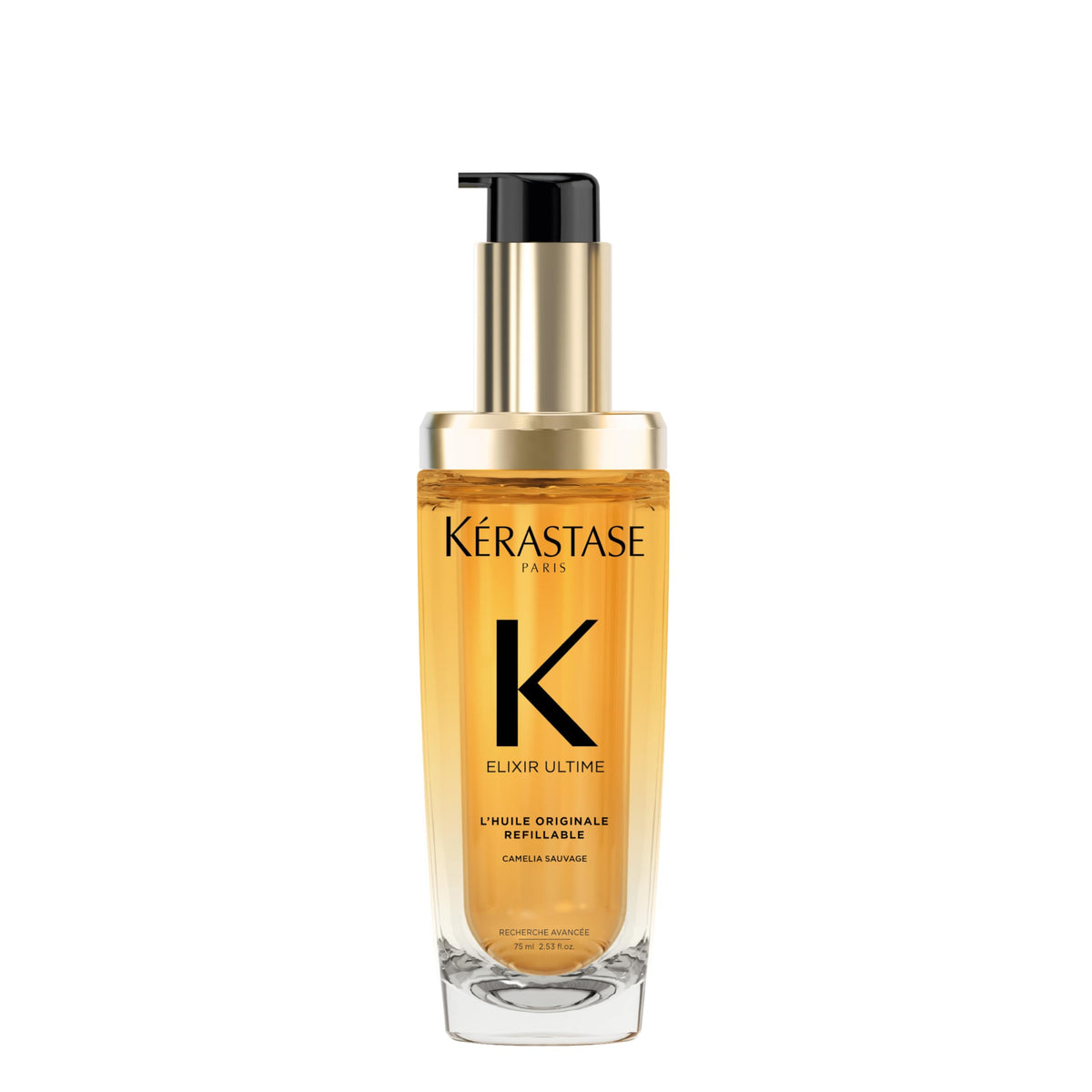 KÉRASTASE front packaging showing refillable bottle and brand sheen benefits