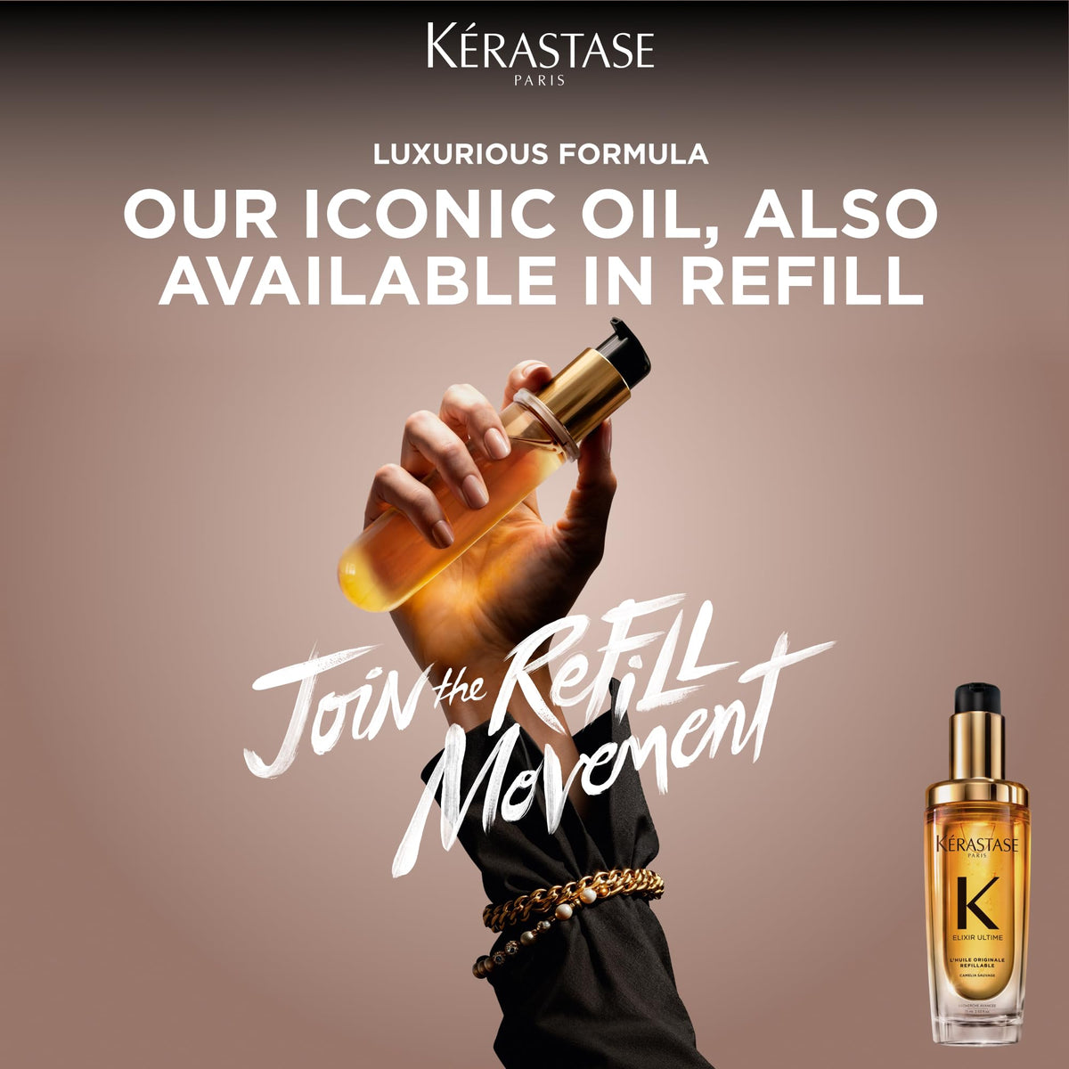 KÉRASTASE recycled packaging display emphasizing eco-conscious refill