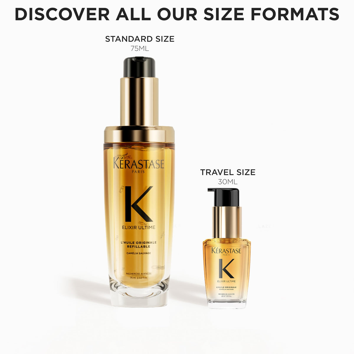 KÉRASTASE bottle beside travel items showing convenient travel-size benefit